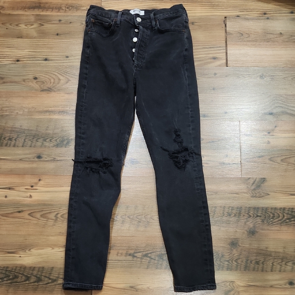 Agolde‎ Skinny Distressed Button Fly Edgy Cinched Black High Waist Rise Size 26